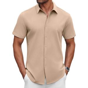 imageCOOFANDY Mens Casual Shirts Short Sleeve Button Down Shirt Wrinkle Free Summer ShirtKhaki