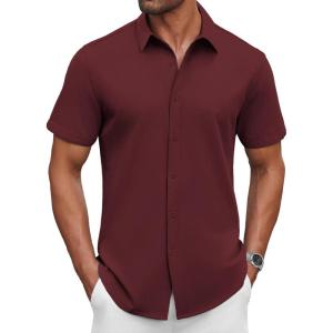 imageCOOFANDY Mens Casual Shirts Short Sleeve Button Down Shirt Wrinkle Free Summer ShirtWine Red