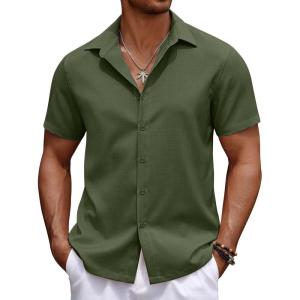 imageCOOFANDY Mens Casual Summer Beach Shirt Button Down Short Sleeve Shirts Vacation Shirt Cotton Linen ShirtsArmy Green