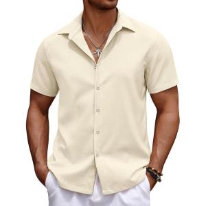 imageCOOFANDY Mens Casual Summer Beach Shirt Button Down Short Sleeve Shirts Vacation Shirt Cotton Linen ShirtsBeige