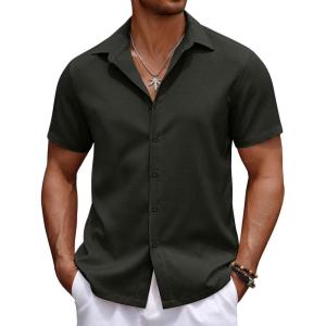 imageCOOFANDY Mens Casual Summer Beach Shirt Button Down Short Sleeve Shirts Vacation Shirt Cotton Linen ShirtsBlack