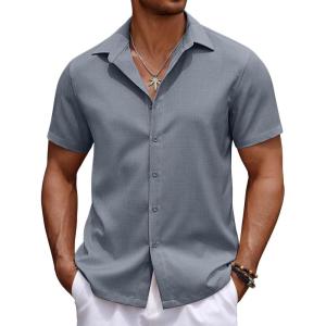 imageCOOFANDY Mens Casual Summer Beach Shirt Button Down Short Sleeve Shirts Vacation Shirt Cotton Linen ShirtsBlue Gray