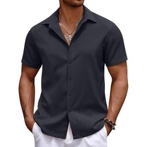 imageCOOFANDY Mens Casual Summer Beach Shirt Button Down Short Sleeve Shirts Vacation Shirt Cotton Linen ShirtsCarbon Black