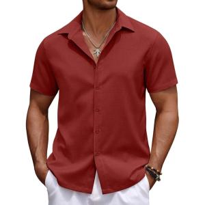 imageCOOFANDY Mens Casual Summer Beach Shirt Button Down Short Sleeve Shirts Vacation Shirt Cotton Linen ShirtsClaret