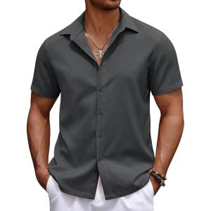 imageCOOFANDY Mens Casual Summer Beach Shirt Button Down Short Sleeve Shirts Vacation Shirt Cotton Linen ShirtsDark Gray