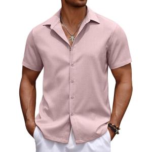 imageCOOFANDY Mens Casual Summer Beach Shirt Button Down Short Sleeve Shirts Vacation Shirt Cotton Linen ShirtsDark Pink