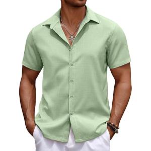 imageCOOFANDY Mens Casual Summer Beach Shirt Button Down Short Sleeve Shirts Vacation Shirt Cotton Linen ShirtsIce Green