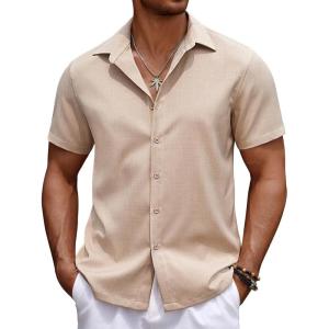 imageCOOFANDY Mens Casual Summer Beach Shirt Button Down Short Sleeve Shirts Vacation Shirt Cotton Linen ShirtsKhaki