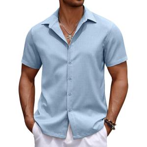 imageCOOFANDY Mens Casual Summer Beach Shirt Button Down Short Sleeve Shirts Vacation Shirt Cotton Linen ShirtsLight Blue
