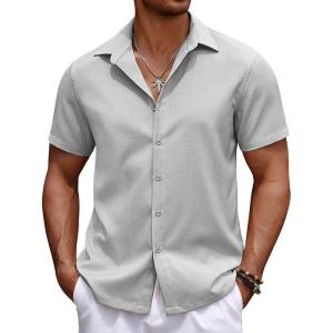 imageCOOFANDY Mens Casual Summer Beach Shirt Button Down Short Sleeve Shirts Vacation Shirt Cotton Linen ShirtsLight Gray