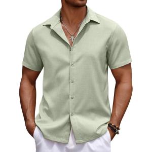 imageCOOFANDY Mens Casual Summer Beach Shirt Button Down Short Sleeve Shirts Vacation Shirt Cotton Linen ShirtsLight Green