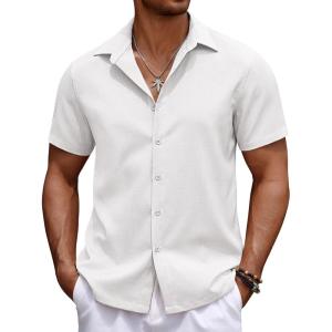 imageCOOFANDY Mens Casual Summer Beach Shirt Button Down Short Sleeve Shirts Vacation Shirt Cotton Linen ShirtsWhite