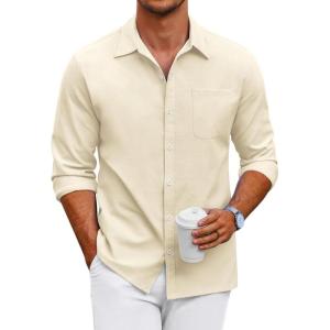 imageCOOFANDY Mens Oxford Shirt Long Sleeve Casual Button Down Shirts Regular Fit Dress ShirtsBeige
