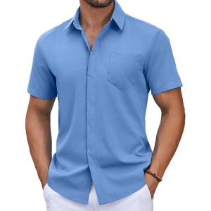imageCOOFANDY Mens Short Sleeve Button Down Shirt Casual Untucked Summer Shirt with PocketBlue