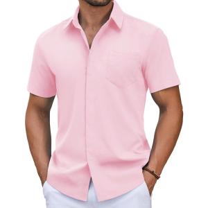 imageCOOFANDY Mens Short Sleeve Button Down Shirt Casual Untucked Summer Shirt with PocketDark Pink