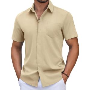 imageCOOFANDY Mens Short Sleeve Button Down Shirt Casual Untucked Summer Shirt with PocketLight Brown