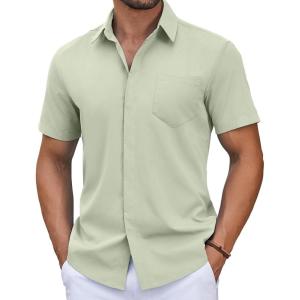 imageCOOFANDY Mens Short Sleeve Button Down Shirt Casual Untucked Summer Shirt with PocketLight Green
