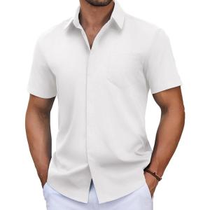 imageCOOFANDY Mens Short Sleeve Button Down Shirt Casual Untucked Summer Shirt with PocketWhite
