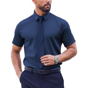 imageCOOFANDY Mens Short Sleeve Dress Shirts Stain Shield Button Down Shirt for Summer Business Wedding PartyDark Blue