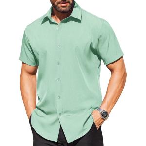imageCOOFANDY Mens Short Sleeve Dress Shirts Stain Shield Button Down Shirt for Summer Business Wedding PartyLight Green