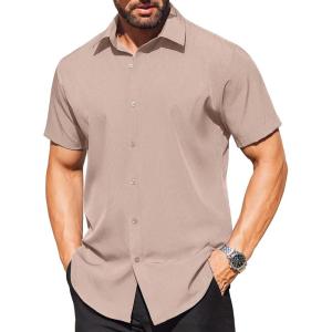 imageCOOFANDY Mens Short Sleeve Dress Shirts Stain Shield Button Down Shirt for Summer Business Wedding PartyLight Khaki