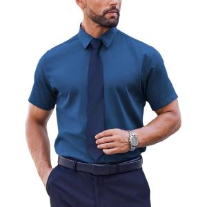 imageCOOFANDY Mens Short Sleeve Dress Shirts Stain Shield Button Down Shirt for Summer Business Wedding PartyNavy Blue