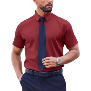 imageCOOFANDY Mens Short Sleeve Dress Shirts Stain Shield Button Down Shirt for Summer Business Wedding PartyWine Red