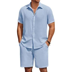 imageCOOFANDY Mens Summer Beach 2 Piece Outfits Casual Vacation Cotton Linen Yoga Matching Set Short Sleeve Shirt and ShortsAngel Falls
