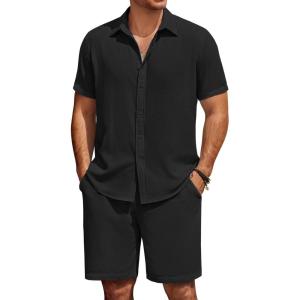 imageCOOFANDY Mens Summer Beach 2 Piece Outfits Casual Vacation Cotton Linen Yoga Matching Set Short Sleeve Shirt and ShortsBlack
