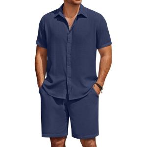 imageCOOFANDY Mens Summer Beach 2 Piece Outfits Casual Vacation Cotton Linen Yoga Matching Set Short Sleeve Shirt and ShortsBlack Iris