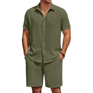 imageCOOFANDY Mens Summer Beach 2 Piece Outfits Casual Vacation Cotton Linen Yoga Matching Set Short Sleeve Shirt and ShortsChive