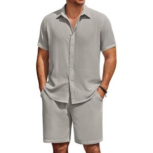 imageCOOFANDY Mens Summer Beach 2 Piece Outfits Casual Vacation Cotton Linen Yoga Matching Set Short Sleeve Shirt and ShortsQuiet Gray