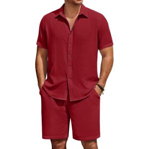 imageCOOFANDY Mens Summer Beach 2 Piece Outfits Casual Vacation Cotton Linen Yoga Matching Set Short Sleeve Shirt and ShortsScarlet Sage