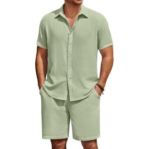 imageCOOFANDY Mens Summer Beach 2 Piece Outfits Casual Vacation Cotton Linen Yoga Matching Set Short Sleeve Shirt and ShortsSea Foam