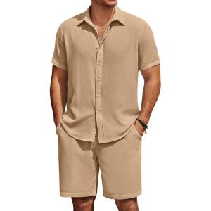 imageCOOFANDY Mens Summer Beach 2 Piece Outfits Casual Vacation Cotton Linen Yoga Matching Set Short Sleeve Shirt and ShortsSesame
