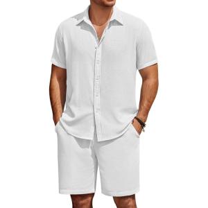imageCOOFANDY Mens Summer Beach 2 Piece Outfits Casual Vacation Cotton Linen Yoga Matching Set Short Sleeve Shirt and ShortsWhite