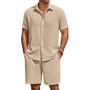 imageCOOFANDY Mens Summer Beach 2 Piece Outfits Casual Vacation Cotton Linen Yoga Matching Set Short Sleeve Shirt and ShortsWood Ash