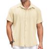 imageCOOFANDY Mens Cuban Linen Shirt Short Sleeve Summer Beach Guayabera ShirtsBeige Cotton Fabric  Linen Texture