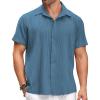 imageCOOFANDY Mens Cuban Linen Shirt Short Sleeve Summer Beach Guayabera ShirtsBlue Cotton Fabric  Linen Texture