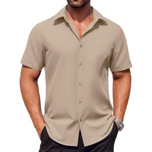 imageCOOFANDY Mens Button Down Shirts Stain Shield Dress Shirts Short Sleeve Summer Business Casual ShirtsKhaki