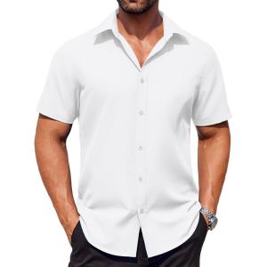 imageCOOFANDY Mens Button Down Shirts Stain Shield Dress Shirts Short Sleeve Summer Business Casual ShirtsWhite