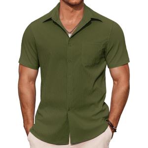 imageCOOFANDY Mens Casual Button Down Shirts Summer Beach Shirts Short Sleeve Textured Vacation ShirtsArmy Green