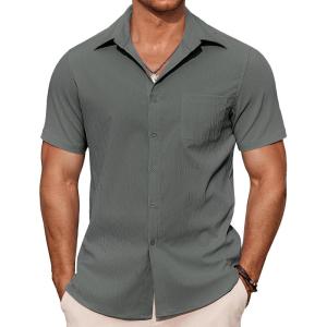 imageCOOFANDY Mens Casual Button Down Shirts Summer Beach Shirts Short Sleeve Textured Vacation ShirtsDark Grey