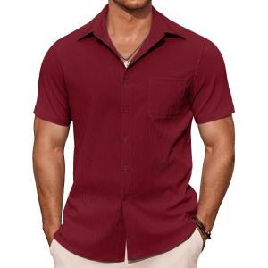 imageCOOFANDY Mens Casual Button Down Shirts Summer Beach Shirts Short Sleeve Textured Vacation ShirtsDark Red