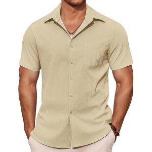 imageCOOFANDY Mens Casual Button Down Shirts Summer Beach Shirts Short Sleeve Textured Vacation ShirtsKhaki