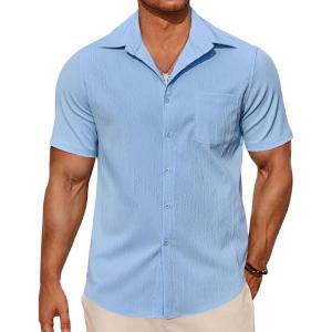 imageCOOFANDY Mens Casual Button Down Shirts Summer Beach Shirts Short Sleeve Textured Vacation ShirtsLight Blue
