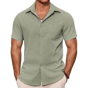 imageCOOFANDY Mens Casual Button Down Shirts Summer Beach Shirts Short Sleeve Textured Vacation ShirtsLight Grey