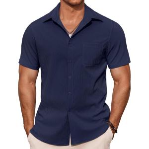 imageCOOFANDY Mens Casual Button Down Shirts Summer Beach Shirts Short Sleeve Textured Vacation ShirtsNavy Blue