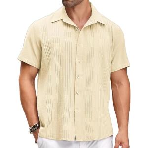 imageCOOFANDY Mens Cuban Linen Shirt Short Sleeve Summer Beach Guayabera ShirtsBeige Cotton Fabric  Linen Texture