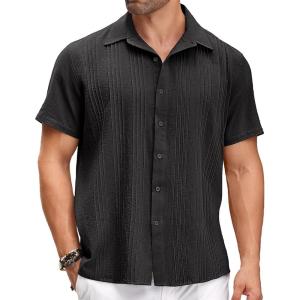 imageCOOFANDY Mens Cuban Linen Shirt Short Sleeve Summer Beach Guayabera ShirtsBlack Cotton Fabric  Linen Texture